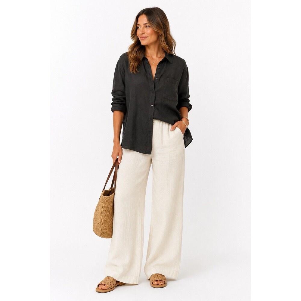 TOTOnKO 100% Linen Buttons Down Shirt Black Women's Size XL Pocket Long Sleeves